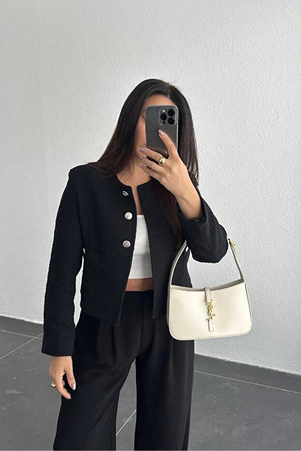 Crew Neck Silver Button Detailed Padded Glitter Short Tweed Jacket