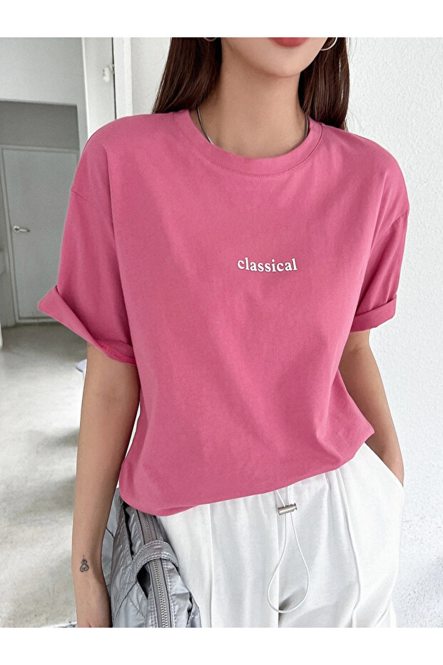pembe classical baskılı oversize tişort - 1
