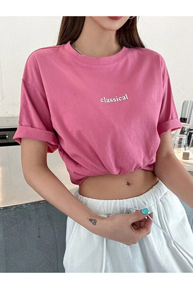 pembe classical baskılı oversize tişort - 3