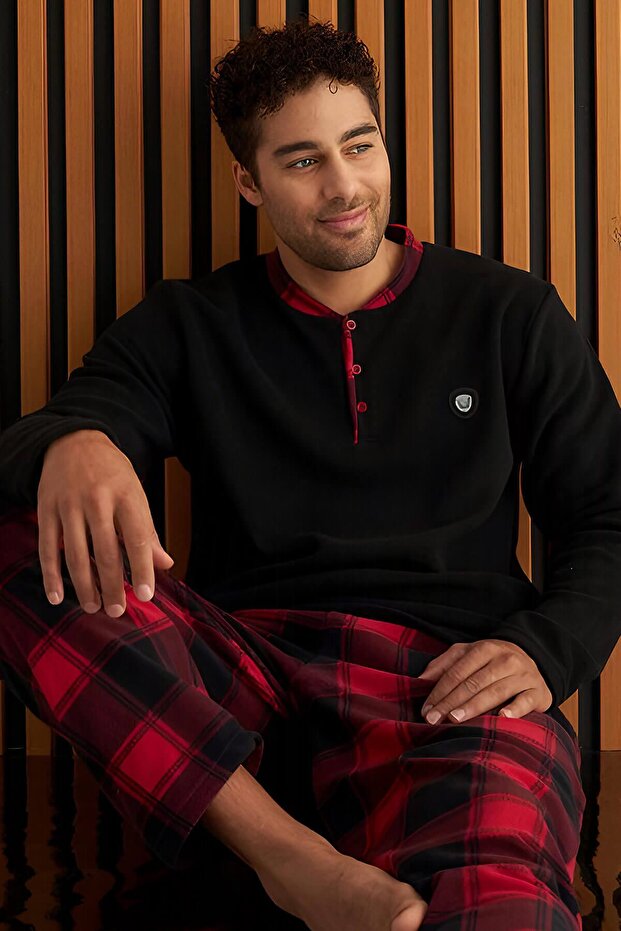 Black Claret Red Plaid Patterned Fleece Men's Pajama Set