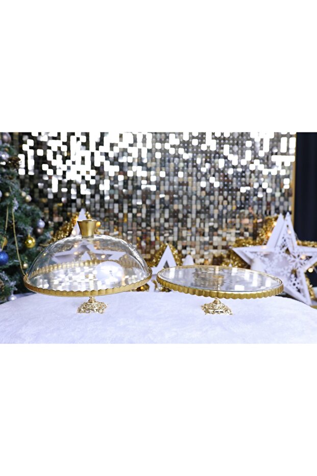 2-Piece Pasabahce Metal Leg Gilded Cake Jar and Cake Stand Presentation Holder