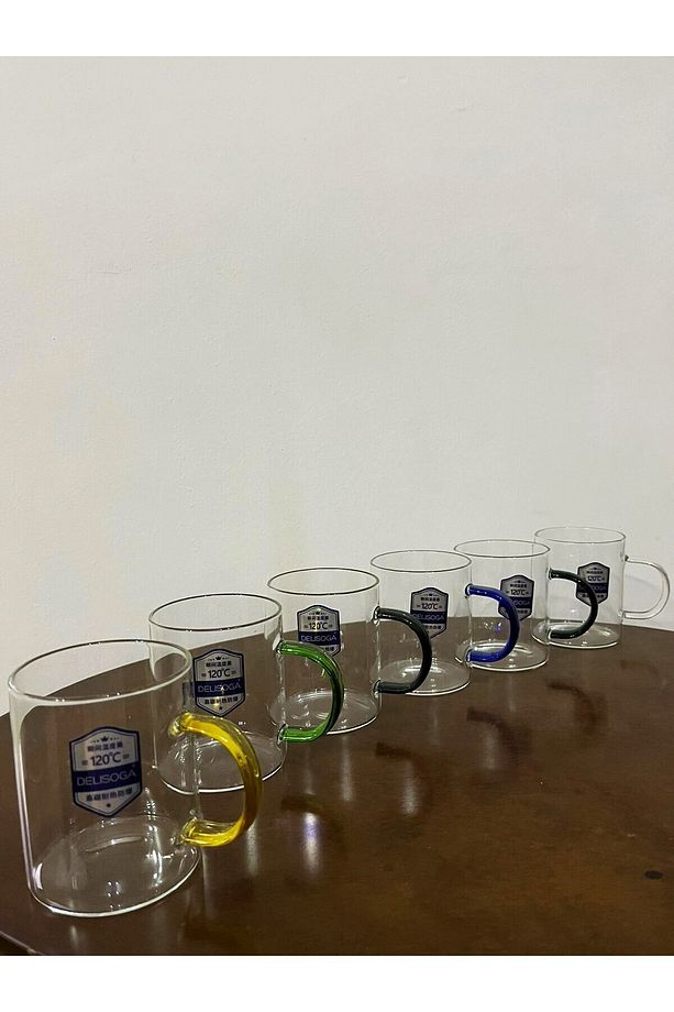 Isıya Dayanıklı 6'lı 280 ml Kulplu Cam Bardak Rengarenk kulp 6 adet Cam Kupa Ev Ofis Fincan - 5