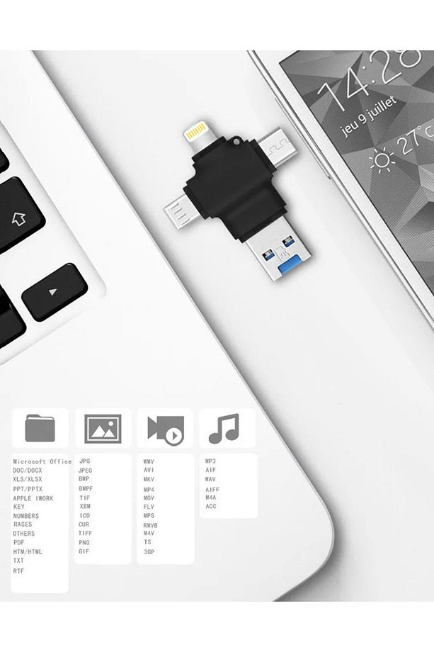 4in1 Kart Okuyucu Lightning Micro USb ve Type-C Girişli Fat32 ve exFat Destekli Card Reader SW-T1 - 2