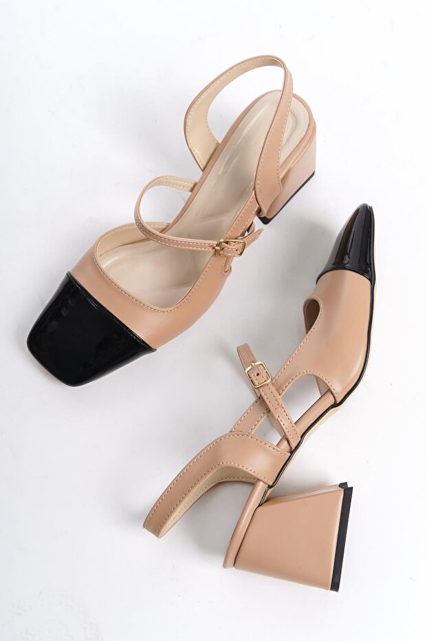 Tenba Double Color Mary Jane Black Patent Leather Matte Thick Heeled Blunt Toe Banded Shoes