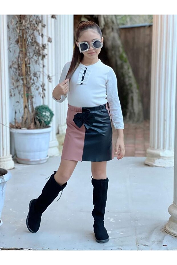 LEATHER SKIRT GIRL'S BOTTOM TOP SET