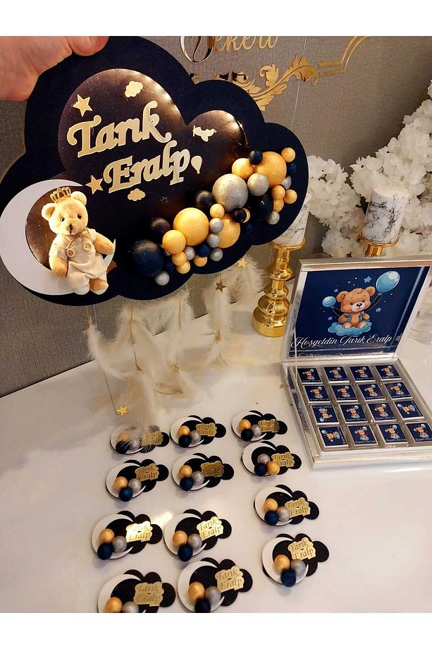 Erkek Bebek Ledli Bubble Kapı Süsü & (20 adet) Bulut Magnet & Çikolata Kutusu Set - 1