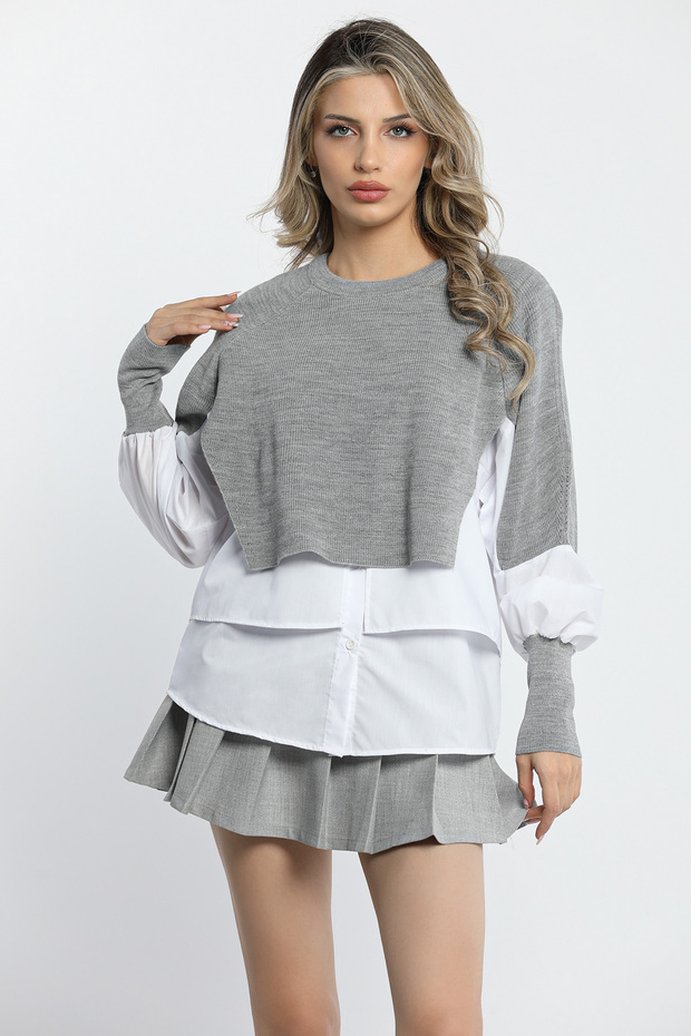 Gray Stylish Shirt Garnished Knitwear Blouse - Women's Fashion