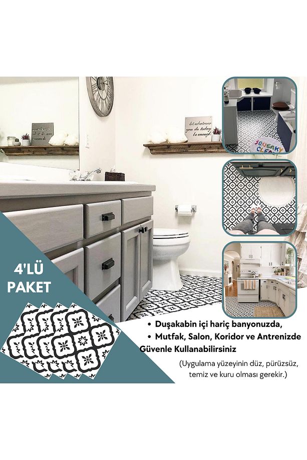 4 Adet 30cm×30cm Kendinden Yapışkanlı Lvt Zemin Duvar Kaplama Mutfak Banyo Karo Sticker - 4