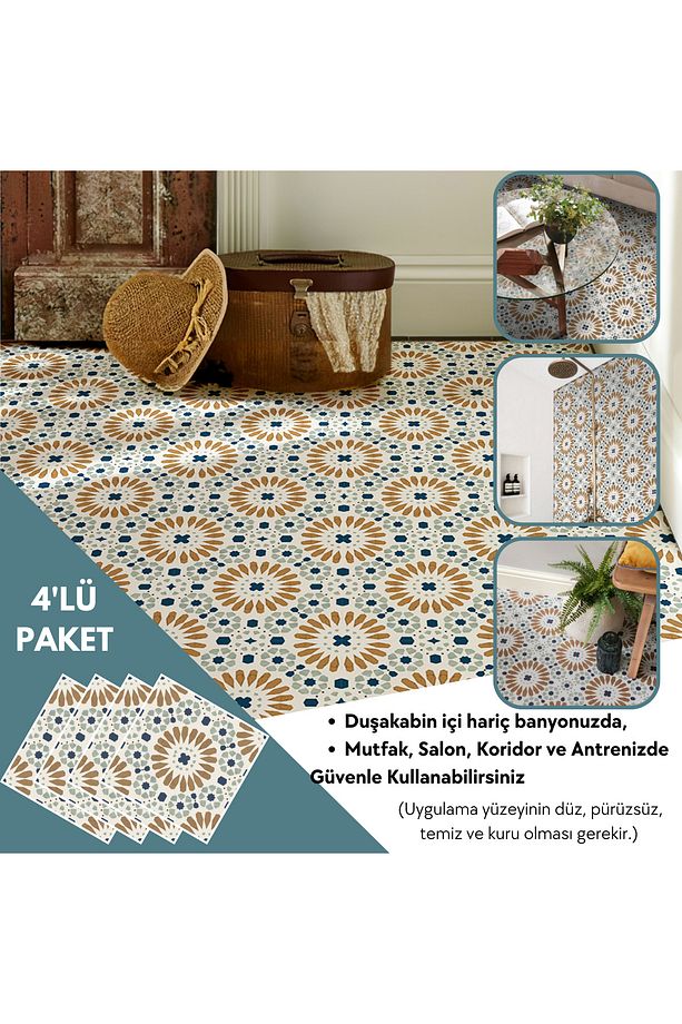 4 Adet 30cm×30cm Kendinden Yapışkanlı LVT Zemin Duvar Kaplama Mutfak Banyo Karo Sticker - 4