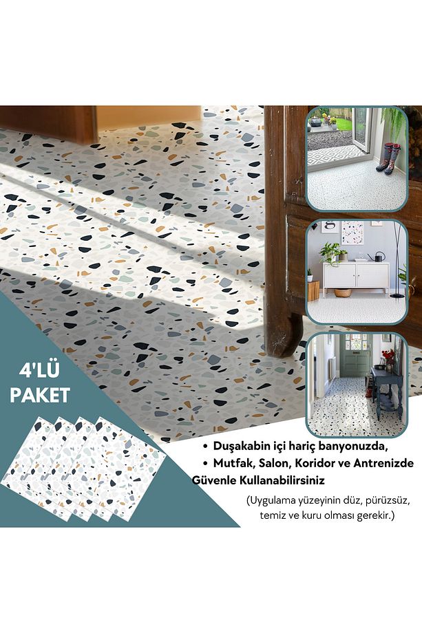 4 Adet 30cm×30cm Kendinden Yapışkanlı LVT Zemin Duvar Kaplama Mutfak Banyo Karo Sticker - 4