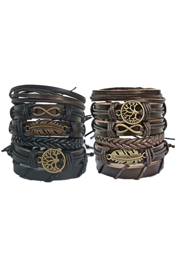 Set of 2 12Pcs Infinity Tree of Life Leaf Genuine Leather Bracelet with Ancient Bronze Figure