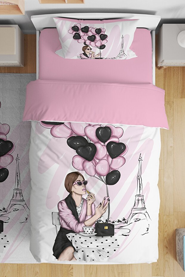 Young Girl Patterned Single Baby Kids Bedding Set with Pink Balloons in Paris