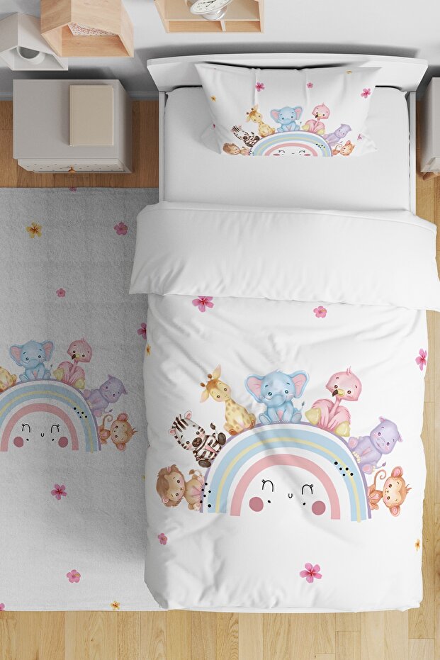 Colorful Smiling Rainbow Animals Patterned Single Baby Kids Bedding Set