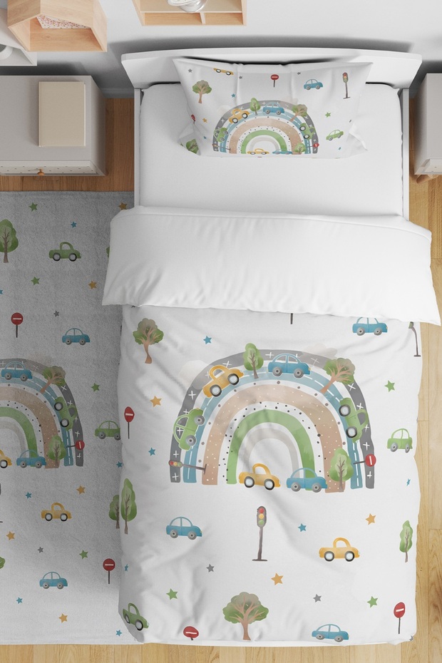 Traffic Rainbow Patterned Single Baby Kids Bedding Set