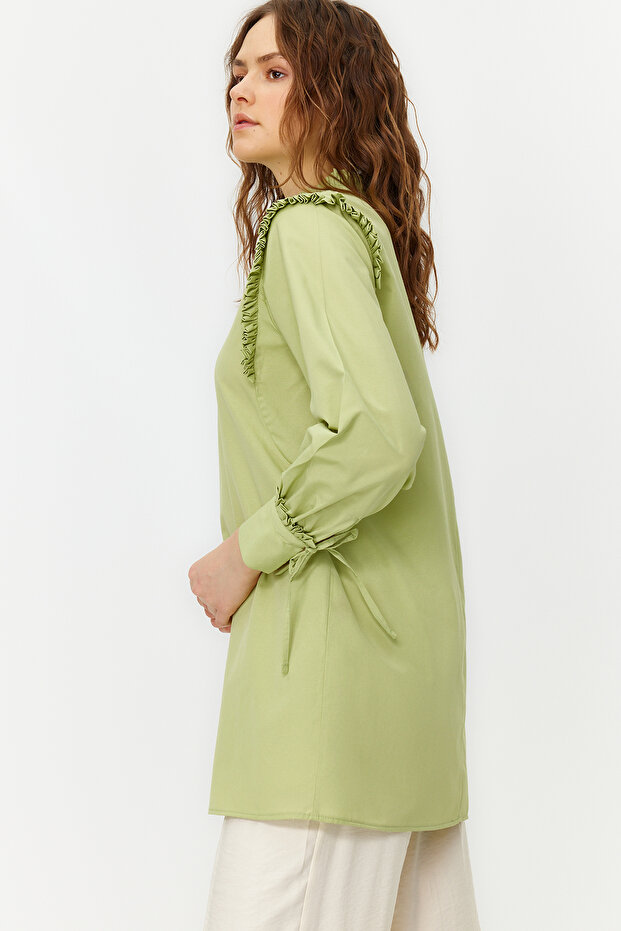 Yeşil Omzu ve Manşeti Fırfırlı Dokuma Pamuklu Tunik TCTSS23UK00083 - 3