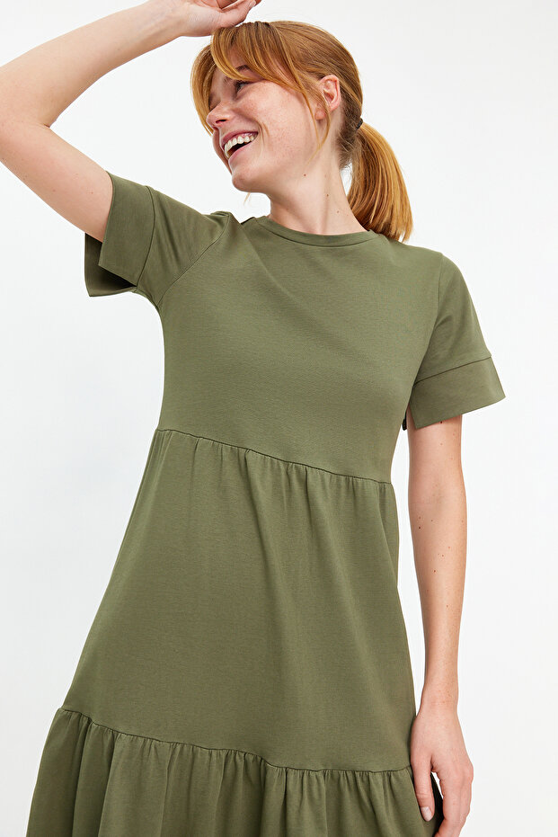 Haki Büzgülü Kısa Kollu Örme Maxi T-shirt Elbise TWOSS24EL00132 - 6