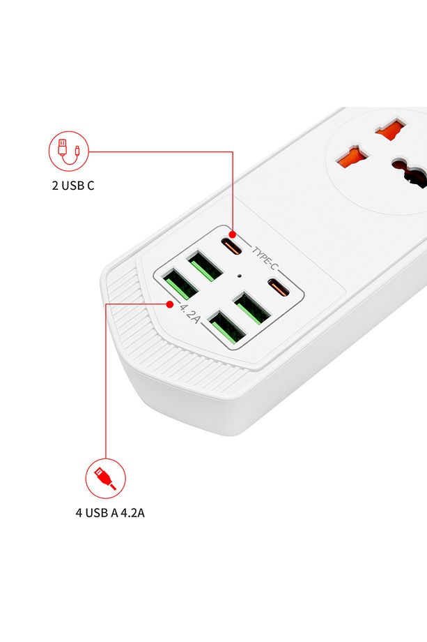 Yeni Nesil 10 Girişli 4+4 USB + 2 Typ-C Çoklu Priz 2M Kablolu Akım Korumalı Anahtarlı Uzatma Kablosu - 8