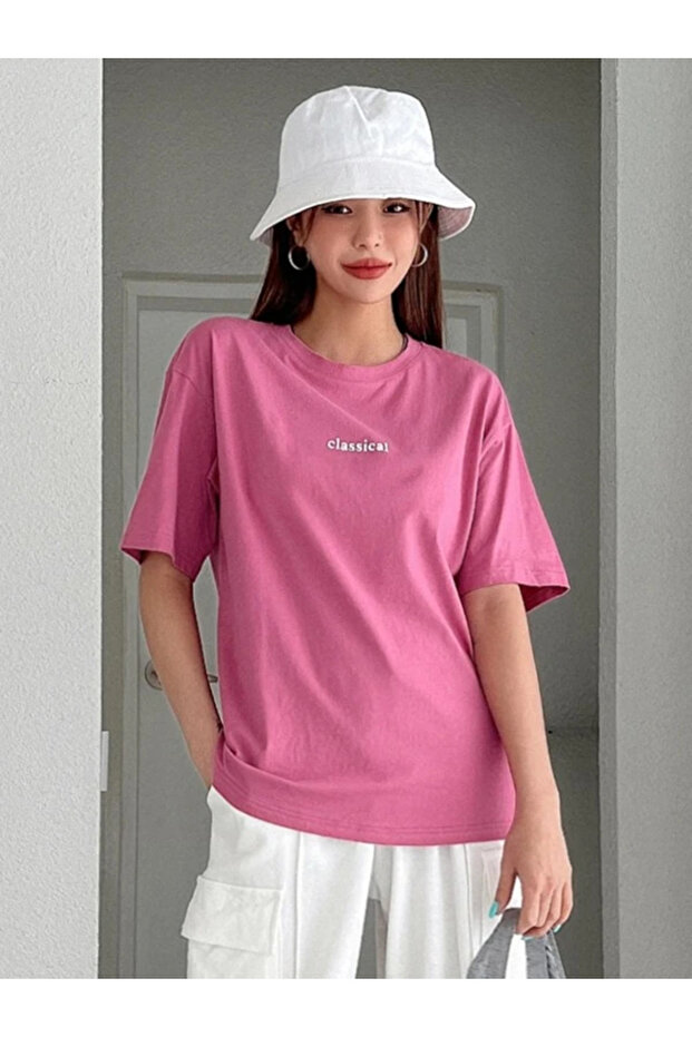 pembe classical baskılı oversize tişort - 2