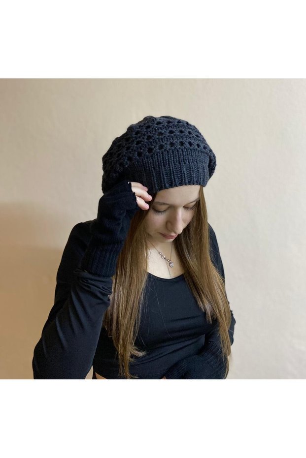 Winter Anthracite Color Beret and Black Color Finger Cut Gloves Set - Fingerless Gloves