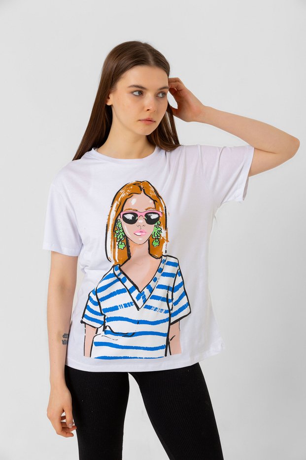 Women's White Printed Cotton T-Shirt