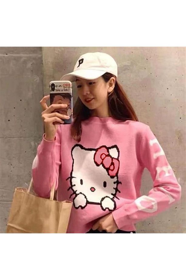 EYSA Harajuku Hello Kitty Pembe Oversize Crop Kazak - 3