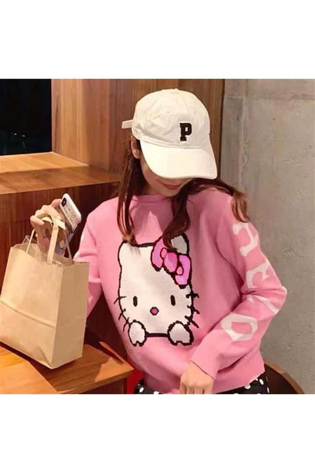 EYSA Harajuku Hello Kitty Pembe Oversize Crop Kazak - 5