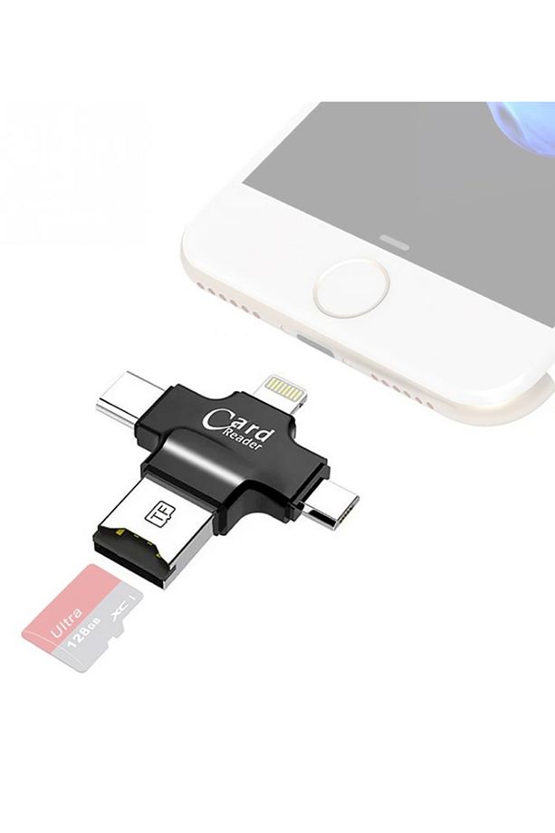 4in1 Kart Okuyucu Lightning Micro USb ve Type-C Girişli Fat32 ve exFat Destekli Card Reader SW-T1 - 4