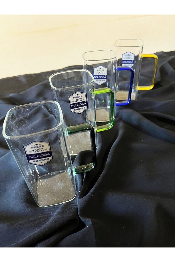 DELISOGA ısıya Dayanıklı kare 4'lü 410 ml Kulplu Cam Bardak Rengarenk kulp 4 adet Cam Kupa - 4