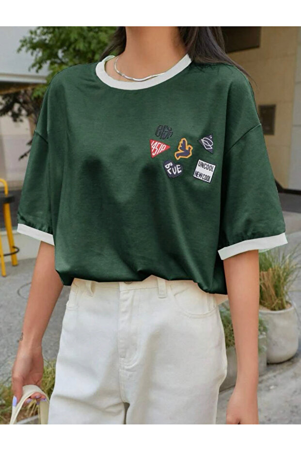 Women's Green-White Piping Detailed Uncool Printed Oversize T-Shirt