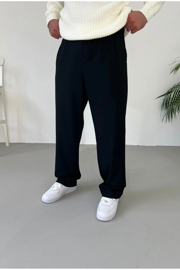 Baggy Fit Pleated Fabric Trousers Black
