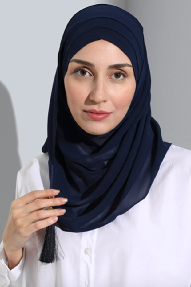 Bonnet Ready Turban Practical Stylish Scarf Hürrem Chiffon Tasseled Navy Blue Wrapped Shawl Hijab Hijab Bonnet