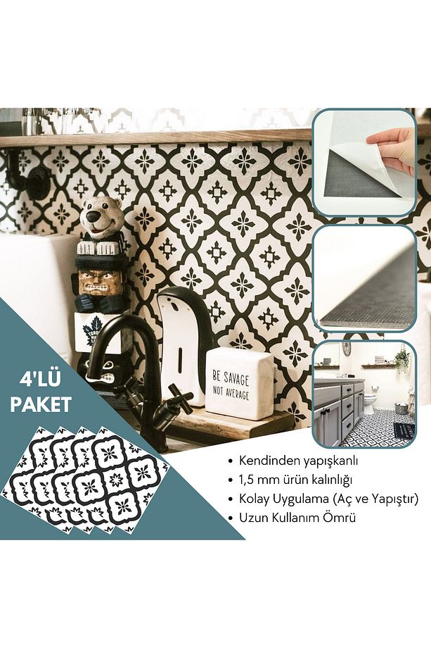 4 Adet 30cm×30cm Kendinden Yapışkanlı Lvt Zemin Duvar Kaplama Mutfak Banyo Karo Sticker - 3