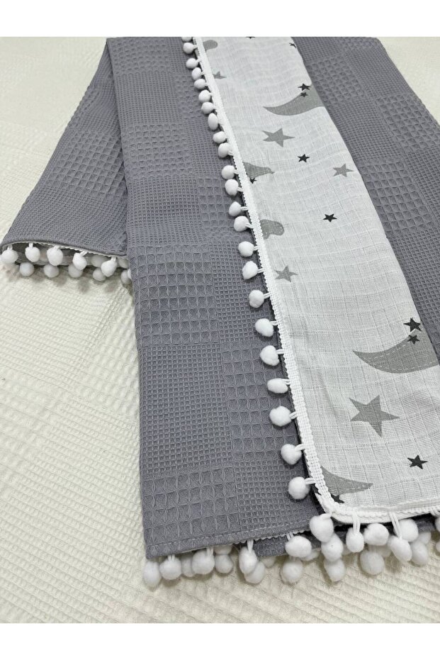 Muslin Fabric, Piqued and Pompom, 100% Cotton Multi-Purpose Baby Blanket