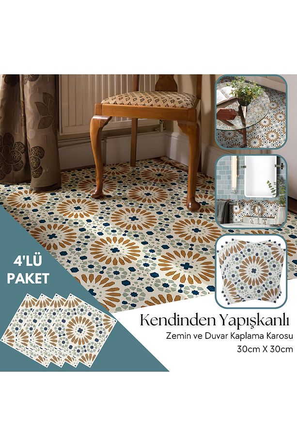 4 Adet 30cm×30cm Kendinden Yapışkanlı LVT Zemin Duvar Kaplama Mutfak Banyo Karo Sticker - 3