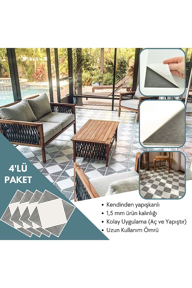 4 Adet 30cm×30cm Kendinden Yapışkanlı LVT Zemin Duvar Kaplama Mutfak Banyo Karo Sticker - 3