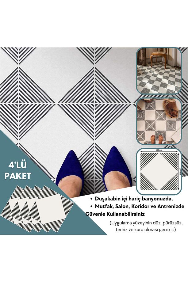 4 Adet 30cm×30cm Kendinden Yapışkanlı LVT Zemin Duvar Kaplama Mutfak Banyo Karo Sticker - 4