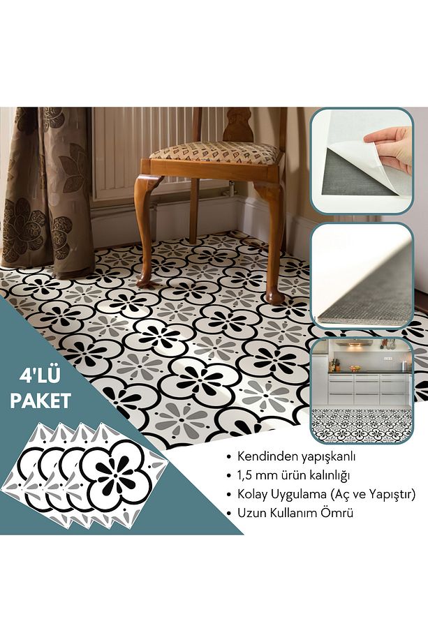 4 Adet 30cm×30cm Kendinden Yapışkanlı LVT Zemin Duvar Kaplama Mutfak Banyo Karo Sticker - 3