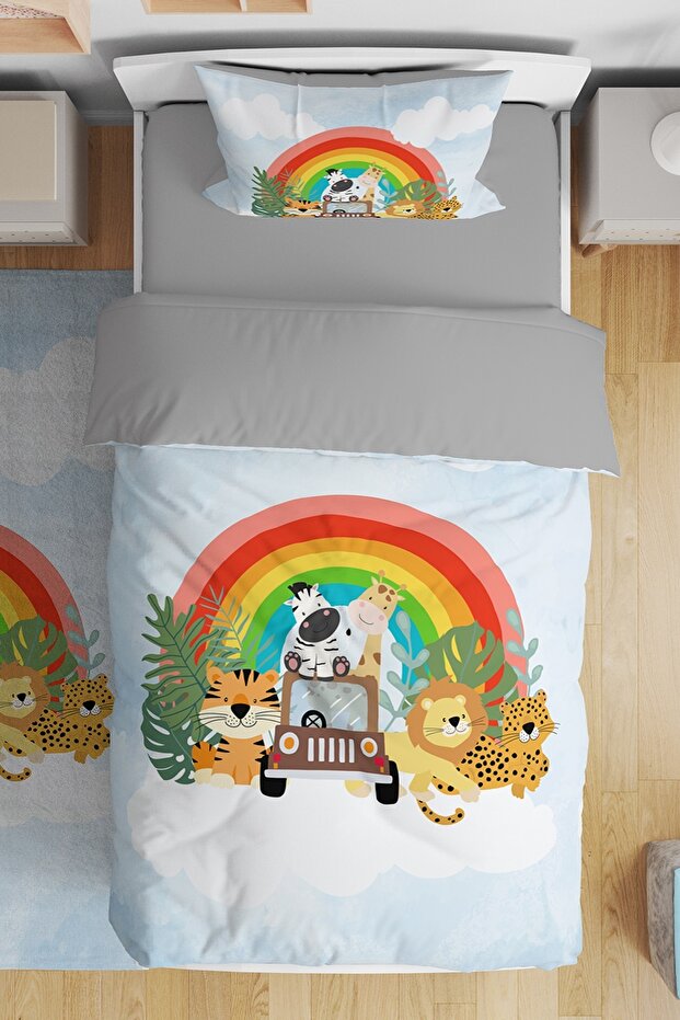 Jeep Rainbow Safari Patterned Single Baby Kids Bedding Set