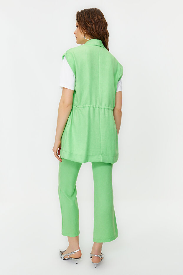 Yeşil İçten Bağlamalı Keten Görünümlü Kimono-Pantolon Dokuma Takım TCTSS23US00061 - 6