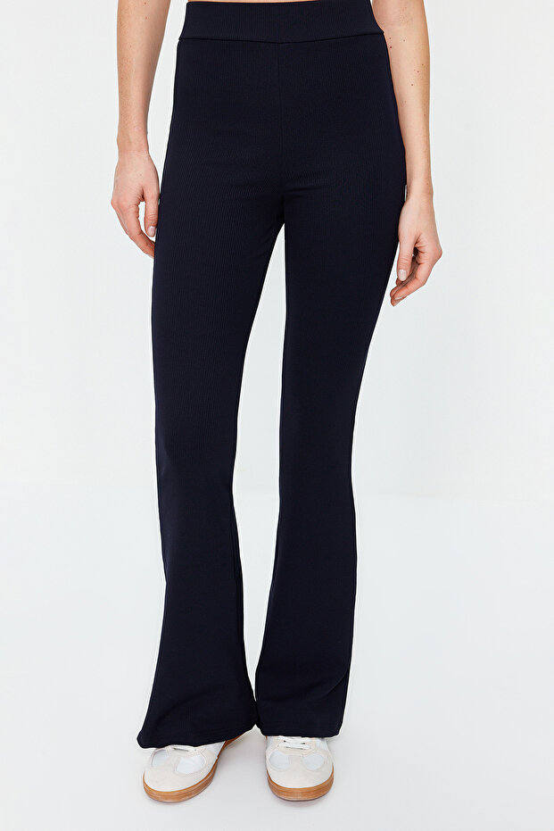 Lacivert Fitilli Flare/İspanyol Paça Yüksek Bel Esnek Örme Tayt Pantolon TWOSS23PL00135 - 4