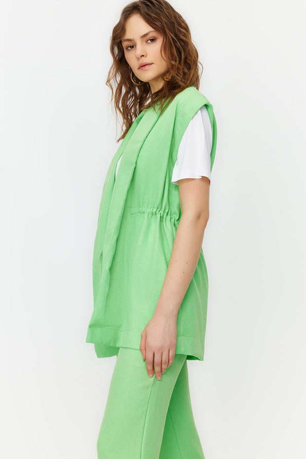 Yeşil İçten Bağlamalı Keten Görünümlü Kimono-Pantolon Dokuma Takım TCTSS23US00061 - 3