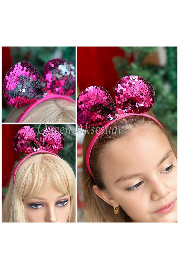 Double-sided movable color-changing sequin minnie with ears party birthday children's women's crown fuchsia