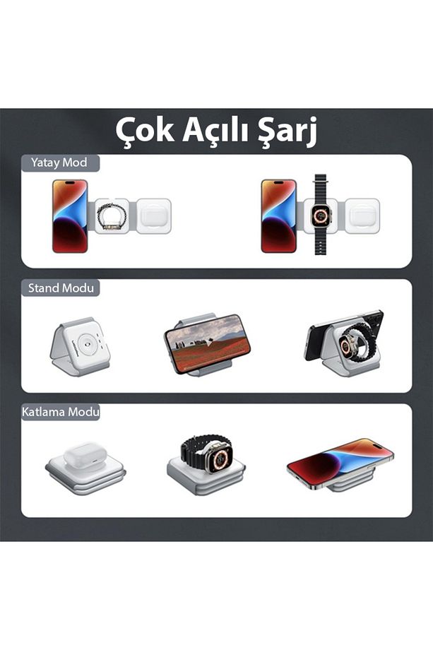 IPhone İçin 3 in 1 Kablosuz Şarj Manyetik Katlanabilir Şarj İstasyonu BEYAZ - 4