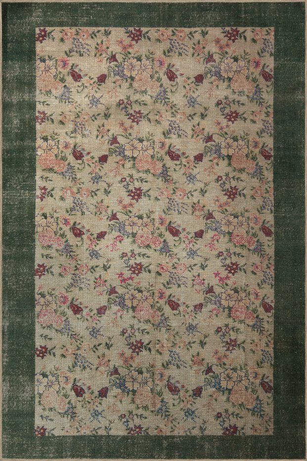 Green Beige Themed Flower Rose Patterned Creative Modern Decorative Carpet 2973