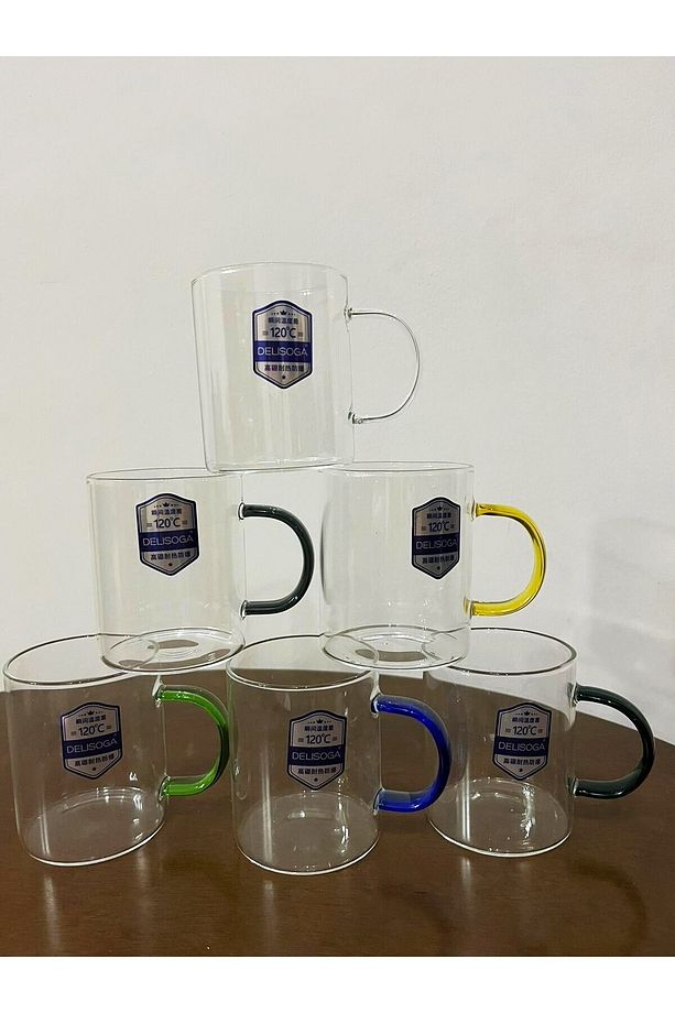 Isıya Dayanıklı 6'lı 280 ml Kulplu Cam Bardak Rengarenk kulp 6 adet Cam Kupa Ev Ofis Fincan - 4