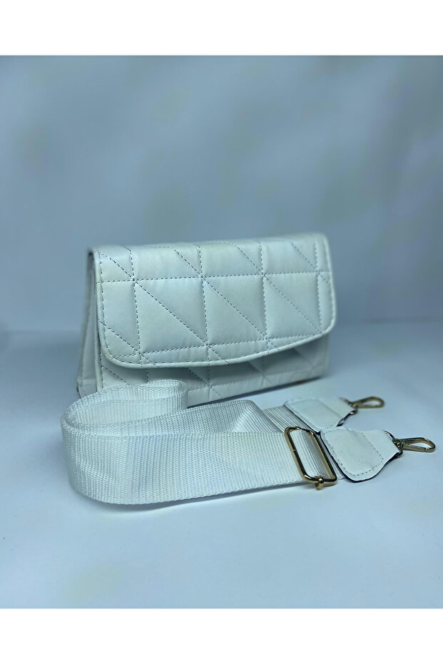 Quilted Pattern White Bag with Thick Adjustable Strap - 1