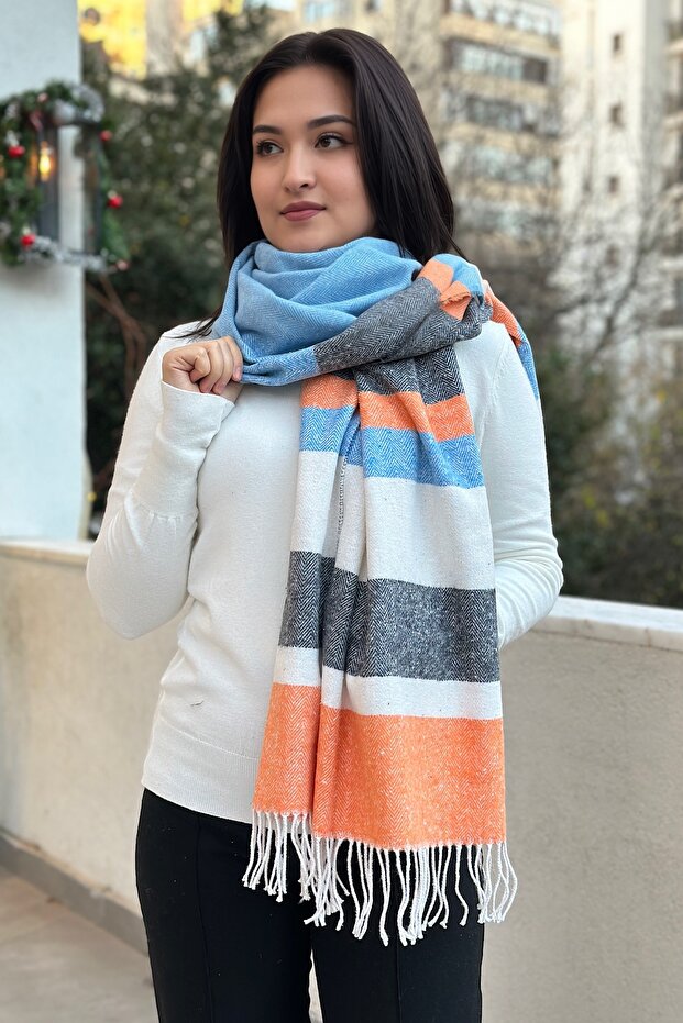 Unisex Stamp Textured Color Blocked Long Scarf with Fringed Ends