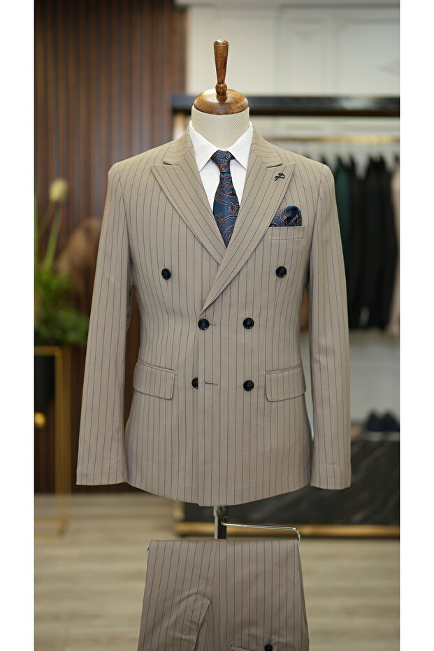 Men's Striped Double Breasted Suit Swallow Collar Italian Cut Slim Fit Jacket Trousers
