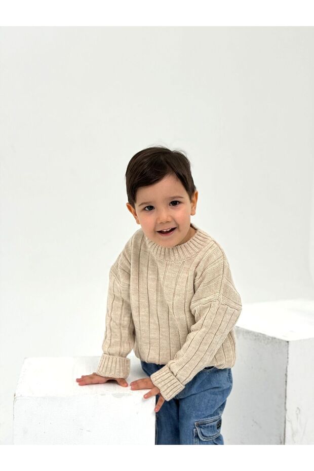 Beige Plain Knitted Thick Ribbed Baby/Child Knitwear Sweater (Prefer the Full Age)