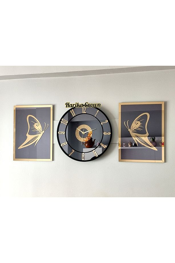 40 x 40 Aynalı Model 2 Li Kelebek Tablo Ve Saat Seti 40 Modern Altın - 1